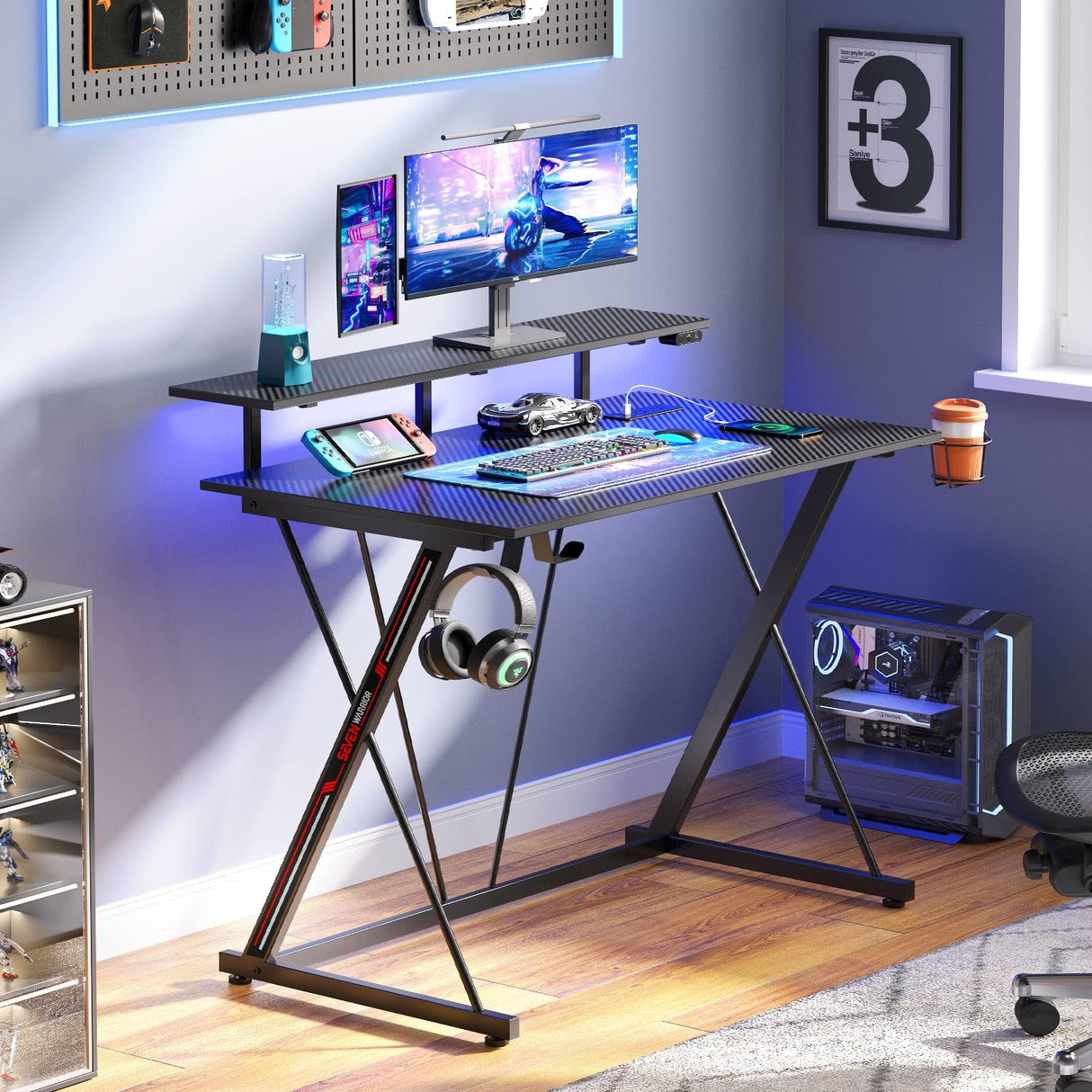 SEVEN WARRIOR Gaming Desk with LED Lights & Power Outlets, 31.5" Computer Desk with Monitor Shelf, Home Office Desk with Cup Holder and Headphone Hook, Ergonomic, Carbon Fiber Surface Black SEVEN WARRIOR