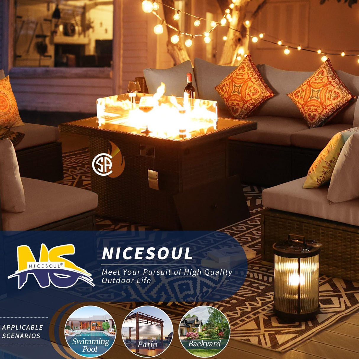 NICESOUL® 15 Piece Luxury Large Patio Furniture Sofa Set with Natural Gas/Propane Fire Pit Table, 29.3" High Back Outdoor Conversation Set, Outside PE Rattan Sectional Sofa, Light Gray NICESOUL