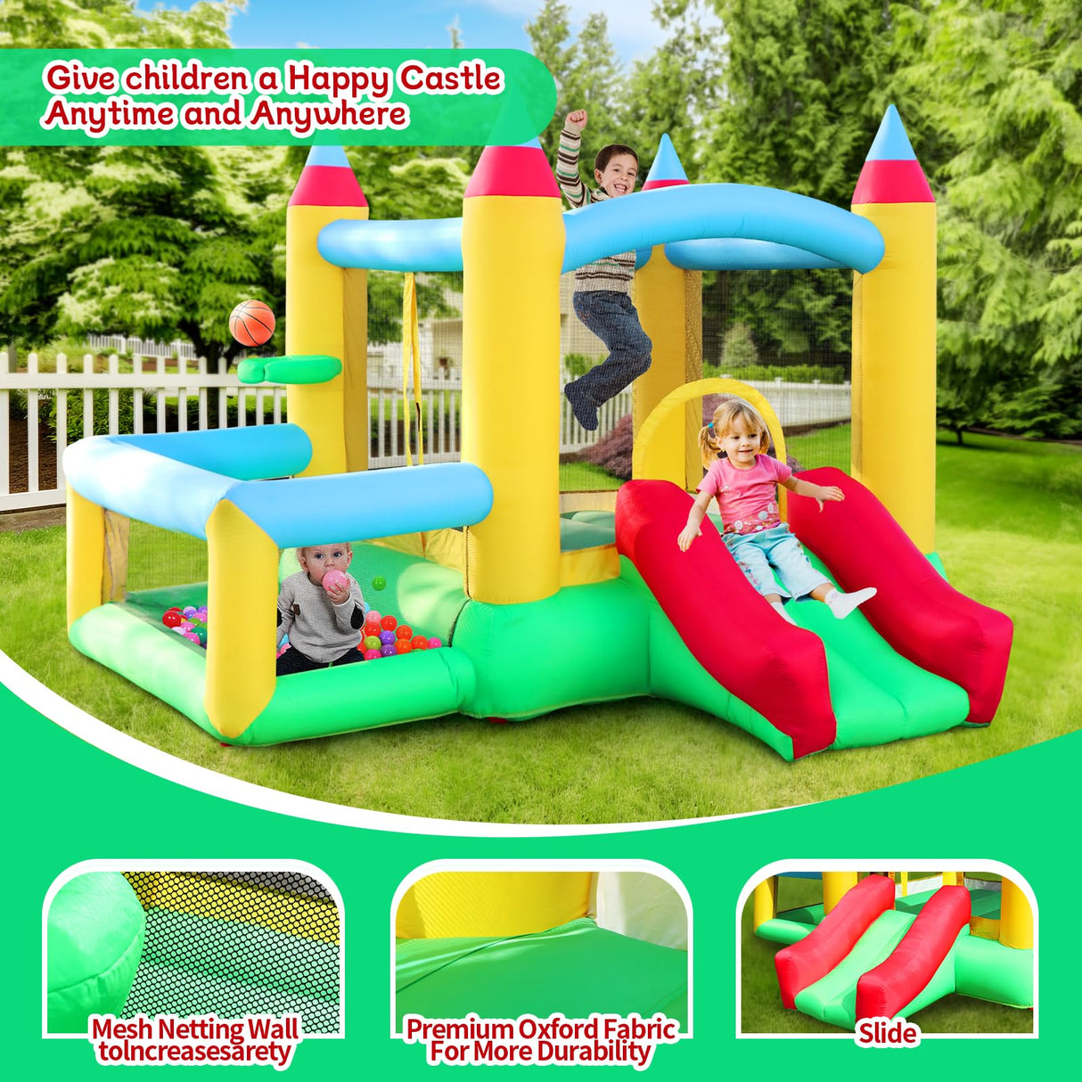 WELLFUNTIME Inflatable Bounce House with Slide, 107x106x80 Inch, Jumping Castle with Blower and Ball Pool, Basketball Game WELLFUNTIME