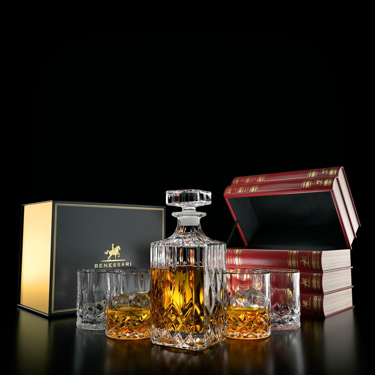 BENESSARI Whiskey Decanter Gift Set - Fake Book Tantalus Bourbon Cocktail Glasses Set of 4, Crystal Scotch Whiskey Glasses, Old Fashioned Liquor Men Gift, Bar, Kitchen Decor, Whisky Glass Sets BENESSARI