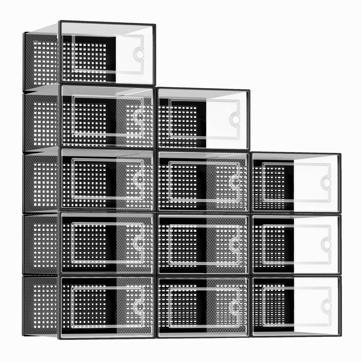 Kuject Large Shoe Organizers Storage Boxes for Closet, 12 Pack Clear Plastic Stackable Storage Bins with Lids, Under Bed Shoe Containers for Entryway, Drop Front, Fit up to Women's Size 10,Black Kuject