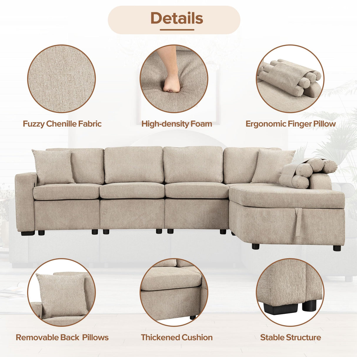 Merax Modern 109.8" L-Shaped Couch Sectional Sofa with Storage Chaise,Cup Holder and USB Ports for Living Room Beige Merax