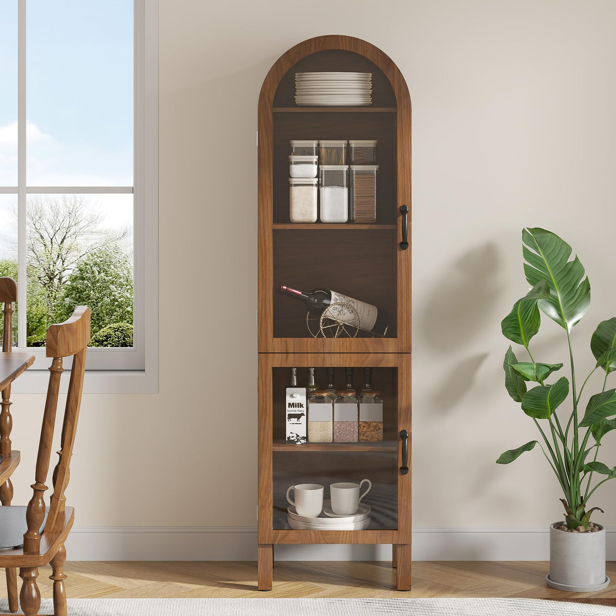 Lxsxhome 64.17'' Tall Arched Modern Walnut Display Cabinet with Acrylic Glass Doors, 5-Tier Kitchen Pantry Storage Cabinet, Bookcase for Living Dining Room Lxsxlome