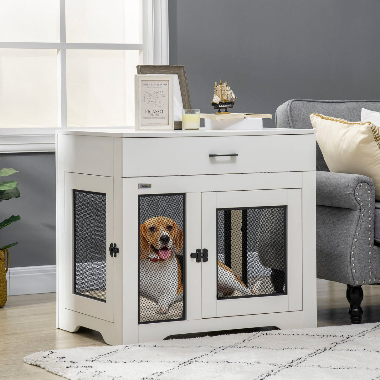 PawHut Dog Crate Furniture with Soft Water-Resistant Cushion, Dog Kennel End Table with Drawer, Puppy Crate for Small Dogs Indoor with 2 Doors, White PawHut