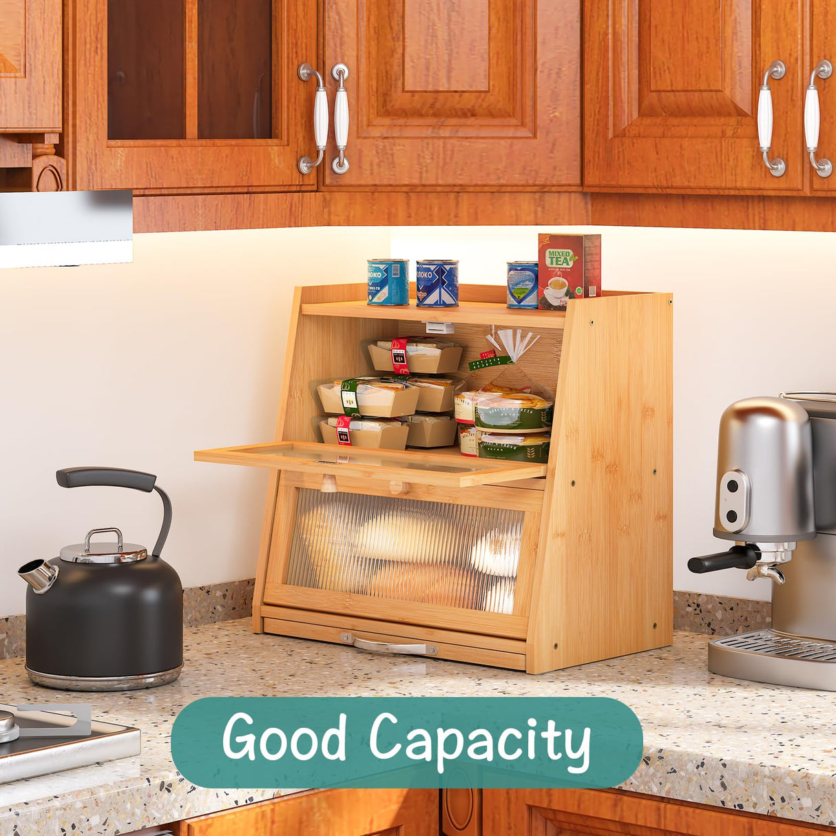 viewcare Large Bread Box for Kitchen Counter With Cutting Board, 2-Tier Bread Box, Bamboo Wood Large Capacity Bread Storage Bin with Acrylic Wavy Door Panel viewcare