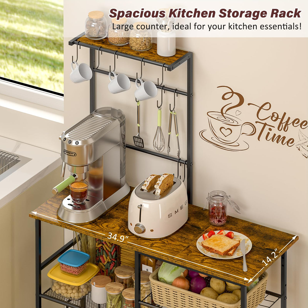 3IngSeagulls Bakers Rack with Power Outlet, Kitchen Microwave Stand with 10 S-Shaped Hooks, 6-Tier Coffee Bar Station, Kitchen Storage Shelf Rack for Spices, Pots, Rustic Brown 3IngSeagulls
