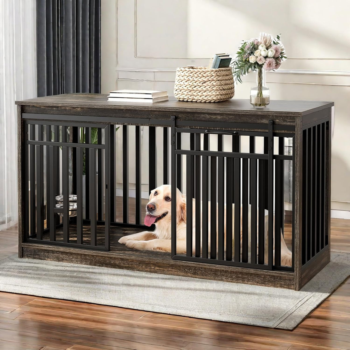 YITAHOME 55 Inch Large Dog Crate Furniture, Heavy Duty Wooden Dog Crate TV Stand with 2 Dog Bowls, Metal Dog Kennel Indoor Furniture Sliding Barn Door Design for Extra Large Dogs, Black Oak YITAHOME