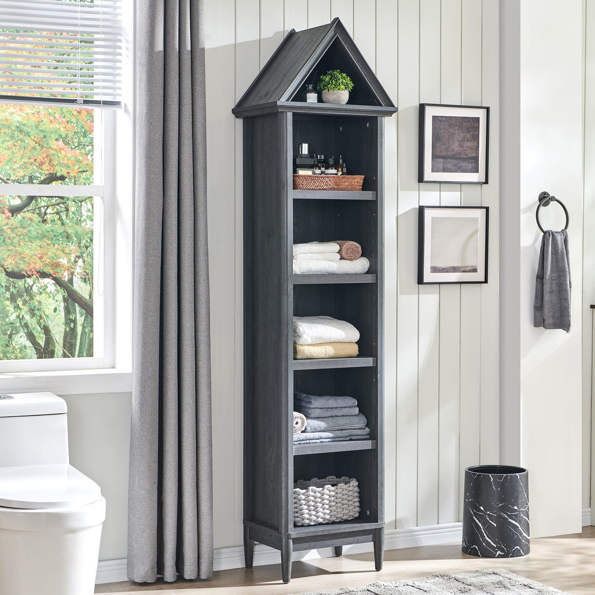 IFGET 75.9" Tall Farmhouse Bookcase, Angle Arched 5 Tiers Narrow Bookshelf Cabinet with Adjustable Shelves, Modern Wooden Geometric Book Shelf w/Display Storage for Living Room, Office-Dark Grey IFGET