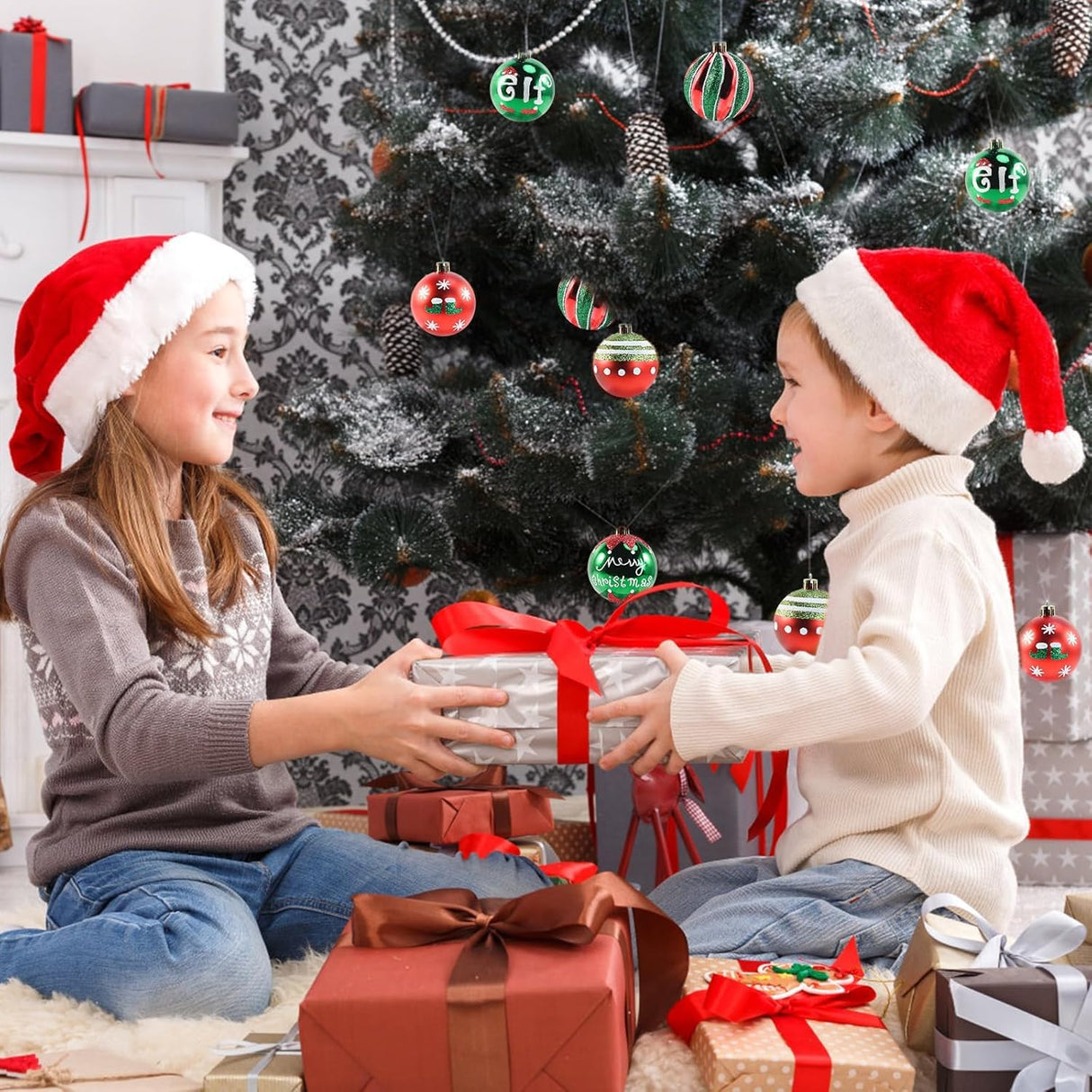 30PCS Christmas Balls Ornaments - 2.36" Red Green White Xmas Balls Decoration, Shatterproof Christmas Balls Ornaments for Christmas Tree, Painting & Glittering Hanging Ball for Party Event(Style-25) AWSL