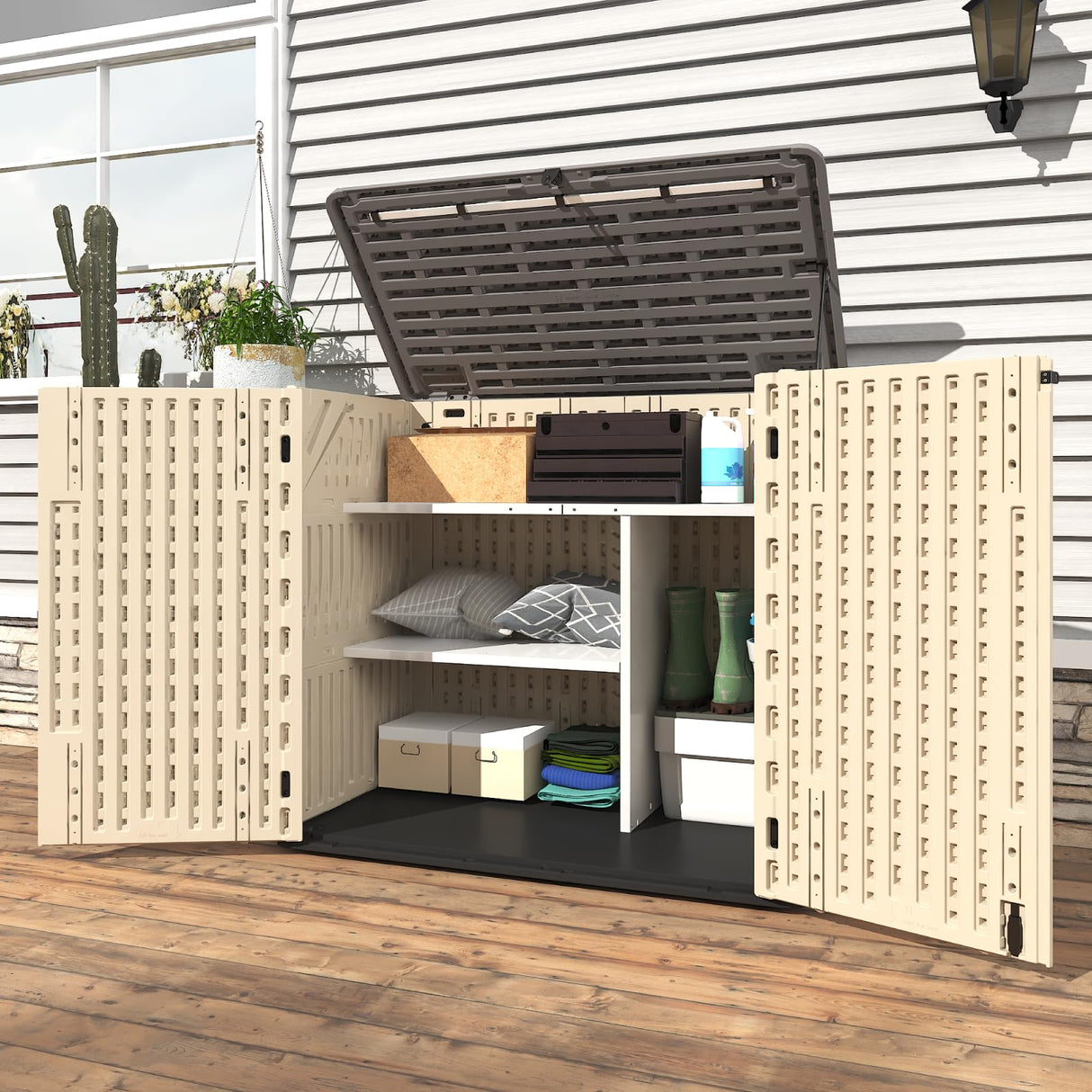 IWDOO 30 Cu.Ft Outdoor Storage Shed, Multi-Purpose Weather-Resistant Utility Shed for Garbage Cans, Lawn Mower, Garden Tools, Waterproof Resin Horizontal Cabinet with Pad-Lockable Doors (Khaki) IWDOO