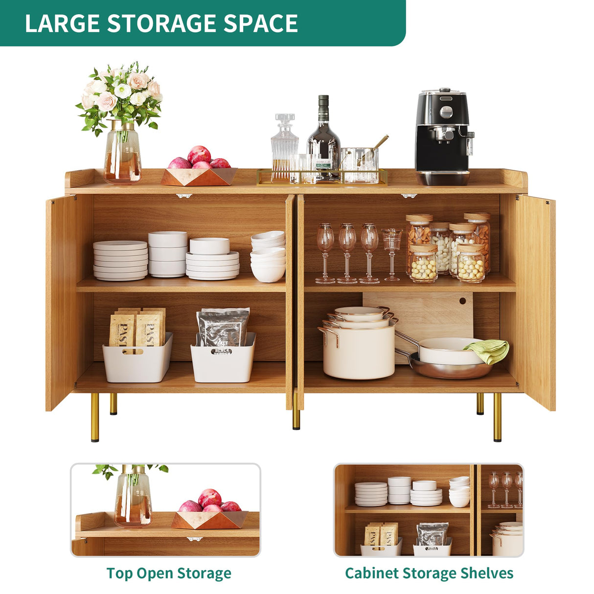 YITAHOME Modern Natural Wood Sideboard Buffet Cabinet with Carved Doors for Living Room and Dining Room YITAHOME