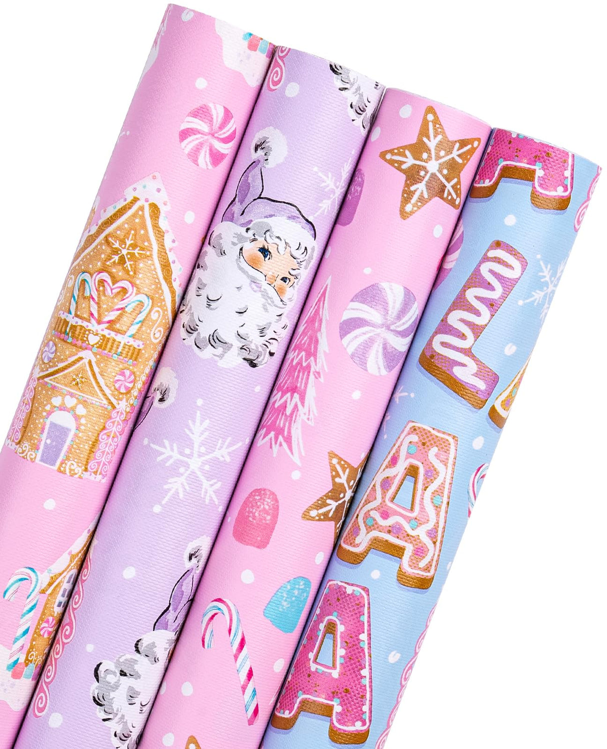 WRAPAHOLIC 30 Inch Christmas Wrapping Paper Roll - Jumbo Roll Pastel Pink Purple Gingerbread House and Santa Claus Design with Embossed - 4 Rolls - 30 Inch x 120 Inch Per Roll WRAPAHOLIC