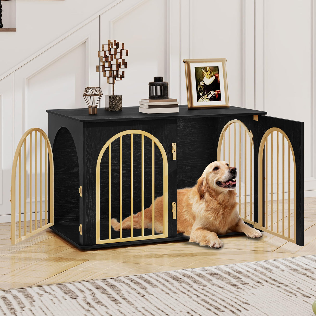Hzuaneri 44.1'' Dog Crate Furniture, Dog Kennel Indoor Arched Door Design, 3 Door Wooden Dog Crate Furniture for Small/Medium/Large Dog, Side Table, TV Stand, Anti-Chew, Anti-Escape, Black Gold Hzuaneri