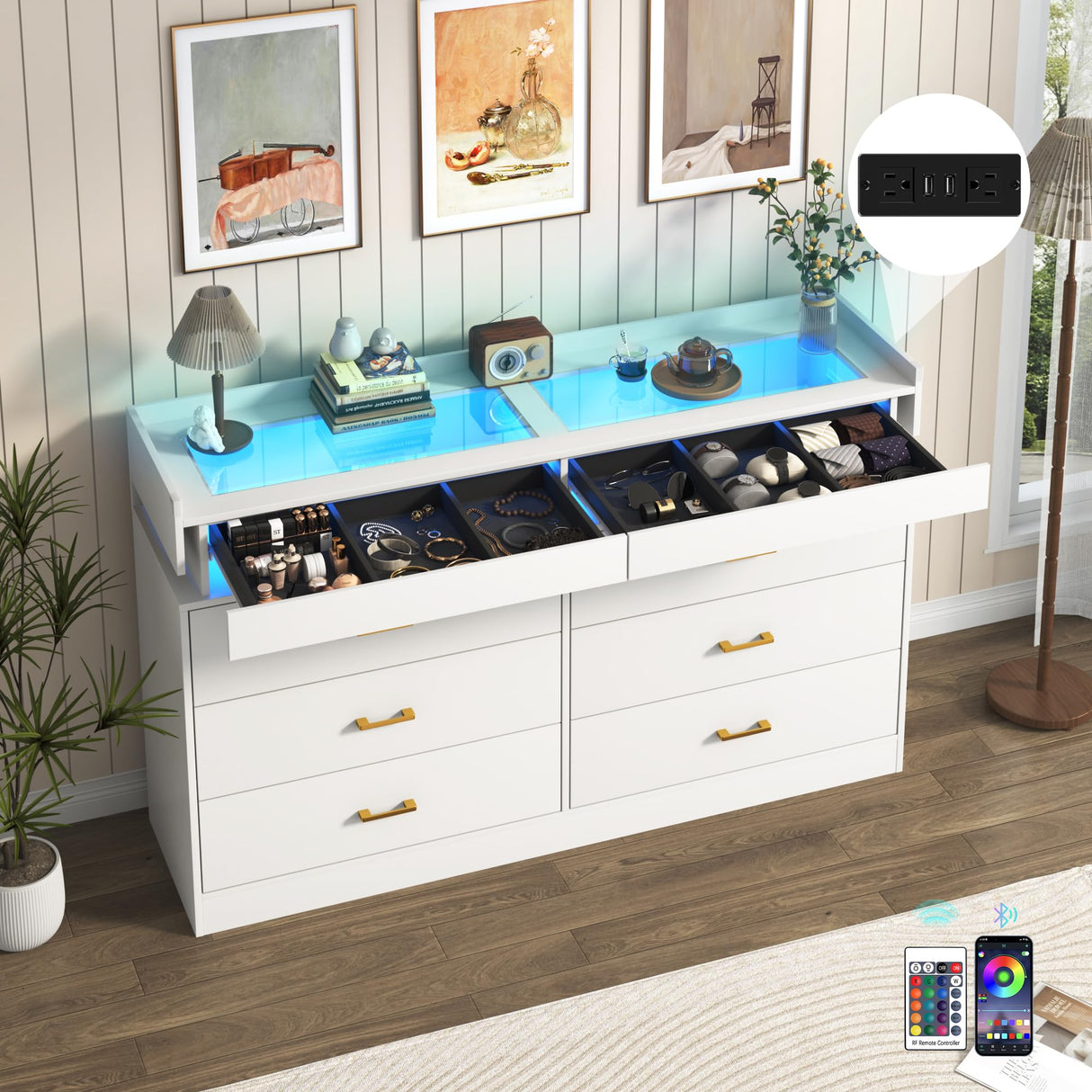 59''W Large Modern 8 Drawers Dresser for Bedroom with Glass Tabletop,Wide Wooden 6 Chest of Drawers for Closet&2 Jewelry Drawers,LED Light,Power Outlets,Tall Storage Dresser for Bedroom,White Hlivelood