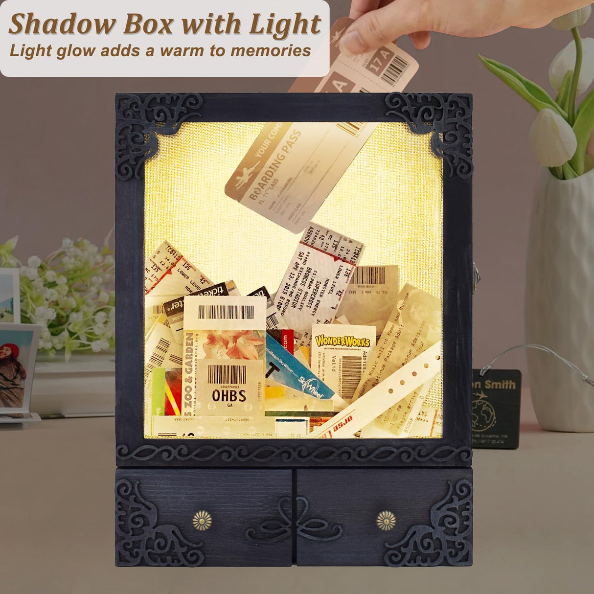 KWYADLUO 11x16 Shadow Box Frame with Light, Memorial Display Case with Shelves, Drawer and Slot for Keepsakes, Large Deep Shadow Box for Flowers and Pet Memorial, Black KWYADLUO