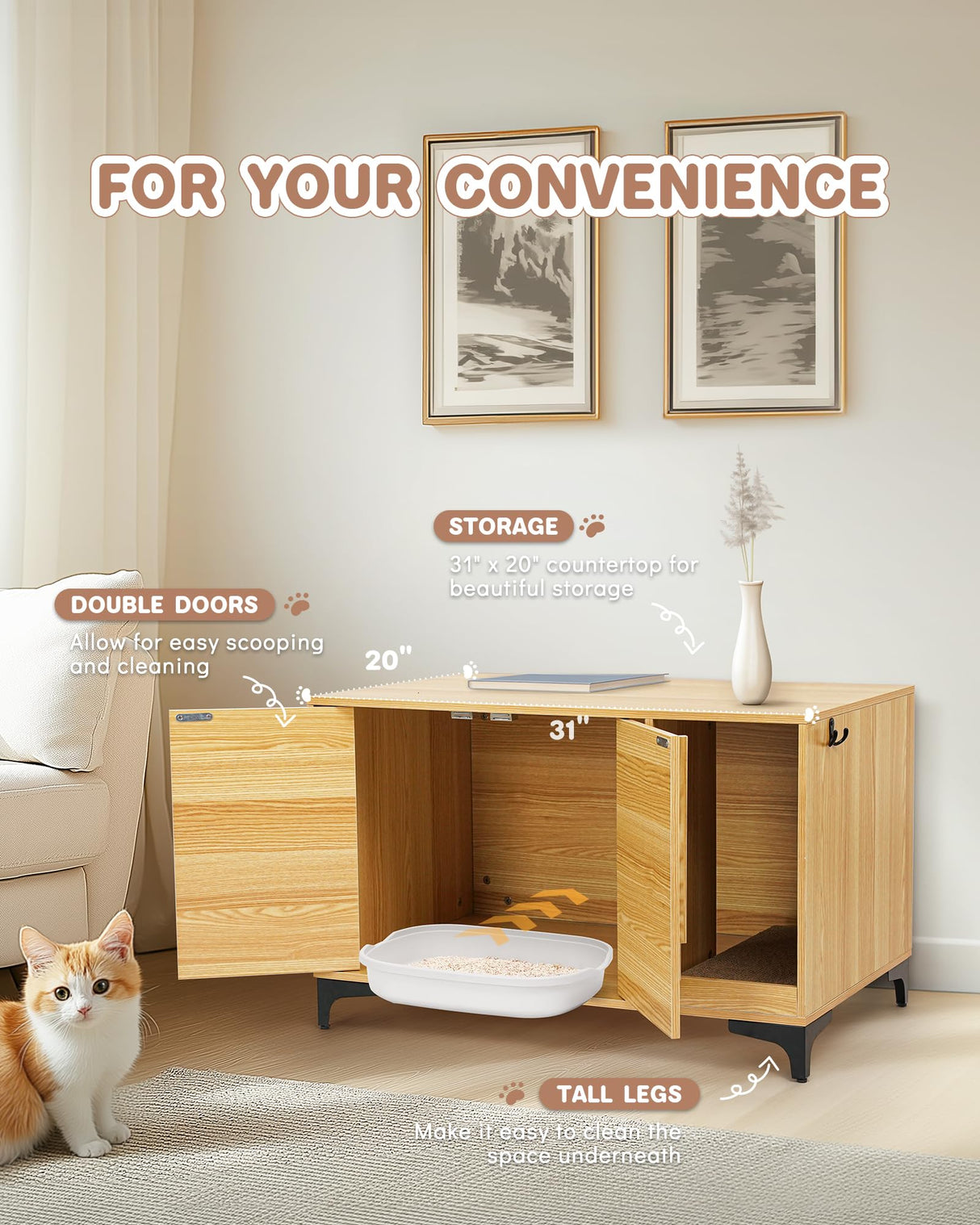 JubiNatural Cat Litter Box Enclosure,Stylish Hidden Litter Box Furniture, Modern Cat Litter Furniture Cabinet, Side End Table, Cat House with Scratch Pad, for Living Room, Bedroom, Entry Foyer JubiNatural