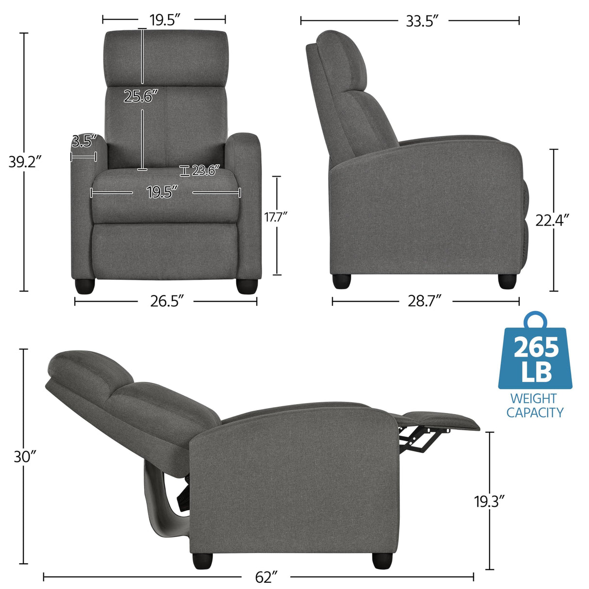 Yaheetech Fabric Recliner Chair Sofa Ergonomic Adjustable Single Sofa with Thicker Seat Cushion Modern Home Theater Seating for Living Room Matte Grey Yaheetech