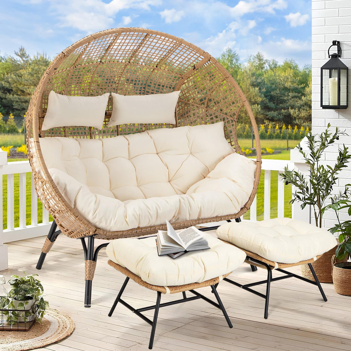 RADIATA Double Egg Chair with Footrests, 2 Person Wicker Lounge Chair with Thickened Cushion and Legs, Outdoor Wide Loveseat for Patio Garden Porch Indoor 680 lbs Weight Capacity (Beige with ottomans) RADIATA