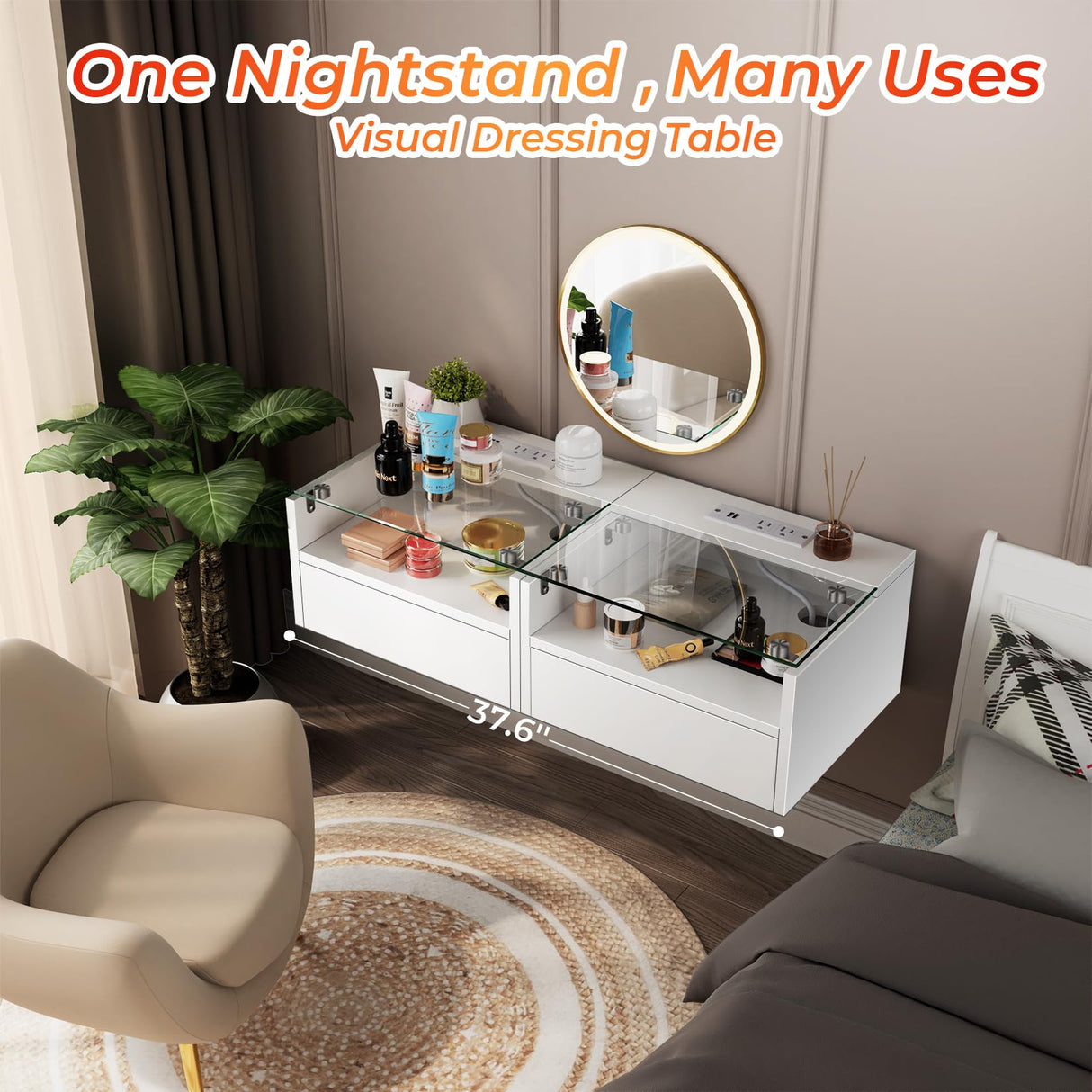 White Floating Nightstand Set of 2 with Charging Station, 18.9" Extended Bedside End Table with Drawer and LED, Modern Wall Mounted Night Stand Side Table with Open Shelf for Bedroom,Living Room MULEJYBO