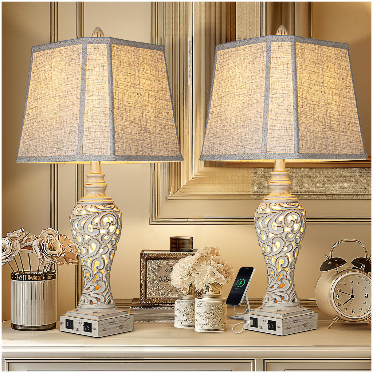 LuxSight Collection Table Lamps Set of 2 - Bedside Lamp with Fabric Shades - for Bedroom and Living Room with USB and Nightlight - Perfect for Nightstands and Bedrooms (28.5" high) LuxSight Collection
