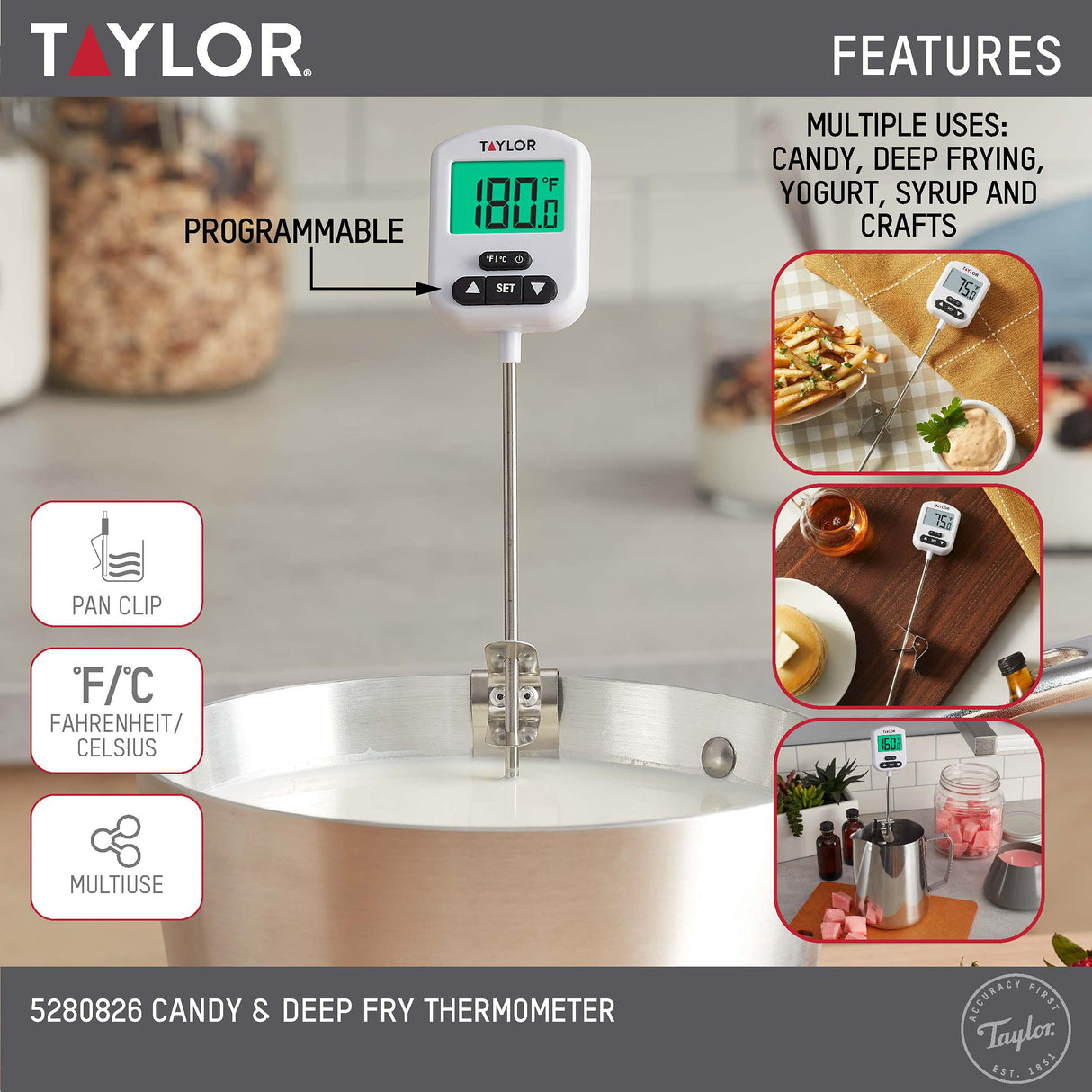 Taylor Programmable Digital Candy and Deep Fry Thermometer with Green Light Alert Display, Long Stem, and Adjustable Pan Clip, White Taylor