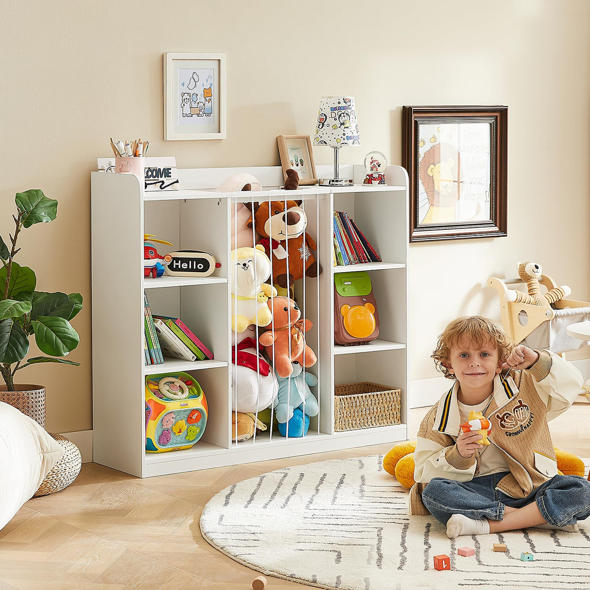Toddler Stuffed Animal Zoo, Toy Storage Organizer for Playroom, Plush Toy Organizers and Storage, Book Shelf for Kids Rooms, Elastic Band Child Bookcase, Toy Shelf with 8 Storage Cubbies (White) ONBRILL