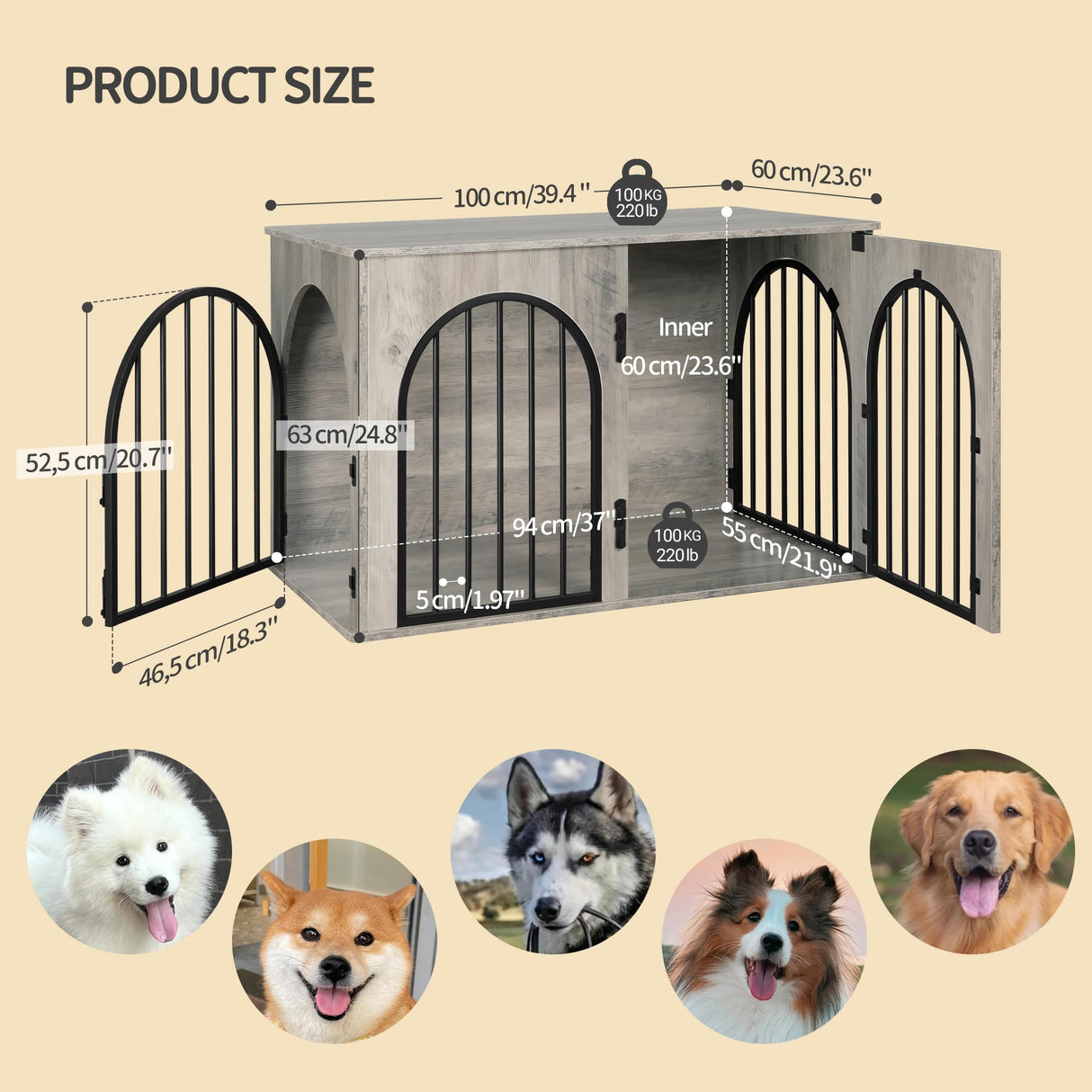 Hzuaneri 39.4'' Dog Crate Furniture, Dog Kennel Indoor Arched Door Design, Wooden Dog Crate Furniture for Small/Medium/Large Dog, Side Table, TV Stand, Anti-Chew, Anti-Escape, Greige Black Hzuaneri