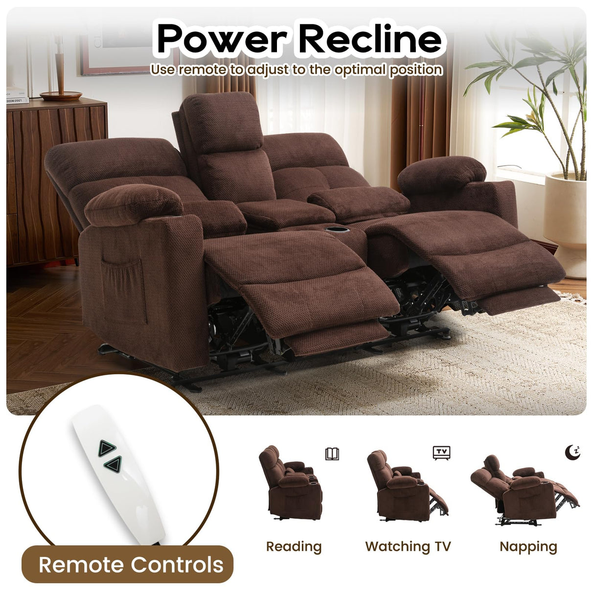 Home Theater Seating Loveseat Recliner Sofa, Power Reclining Couch with Massage & Heat, USB Charging Port, 2 Lumbar Support Pillows, Center Console, Cup Holder, Side Pocket, for RVs, Movie Room P.H.Furn