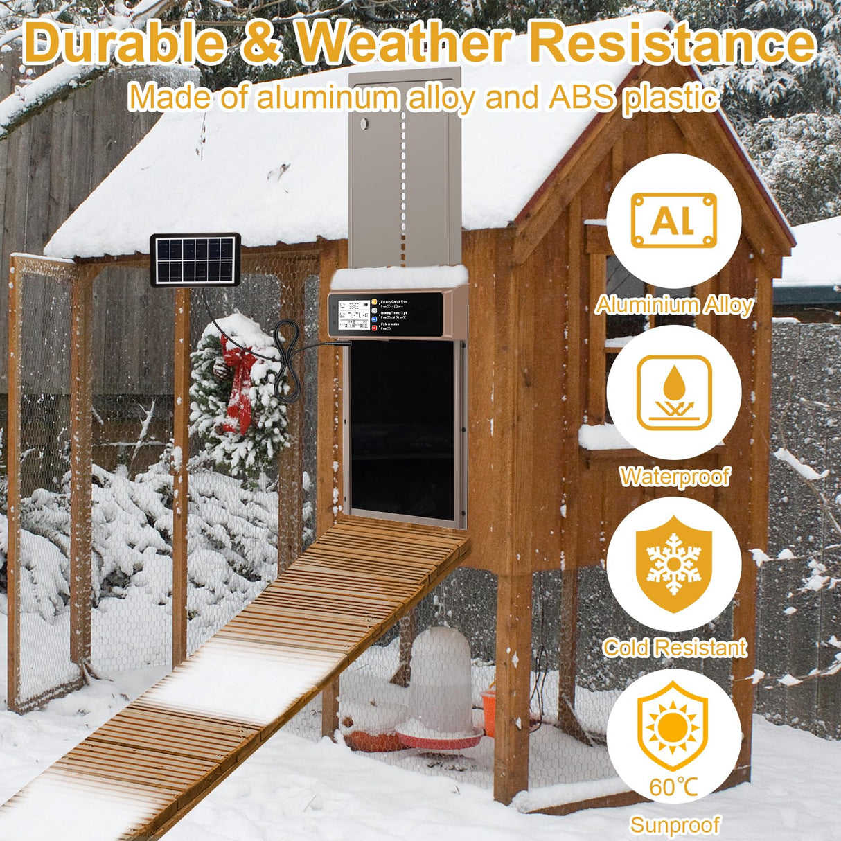 NyPots Automatic Chicken Coop Door Solar Powered, LCD Display Automatic Chicken Door with Timer & Light Sensor, Aluminum Alloy Chicken Door with Remote Control & 4 Modes Automatic Chicken Door Solar NyPots