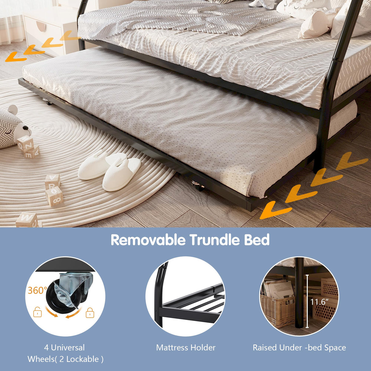 SUNLEI Metal Bunk Beds with Double Secured Ladders,Twin Over Full Bunk Bed with Surrounded Safety Guardrails, Space Saver Twin Beds with Trundle Function, Noise Free for Small Bedroom, Black SUNLEI