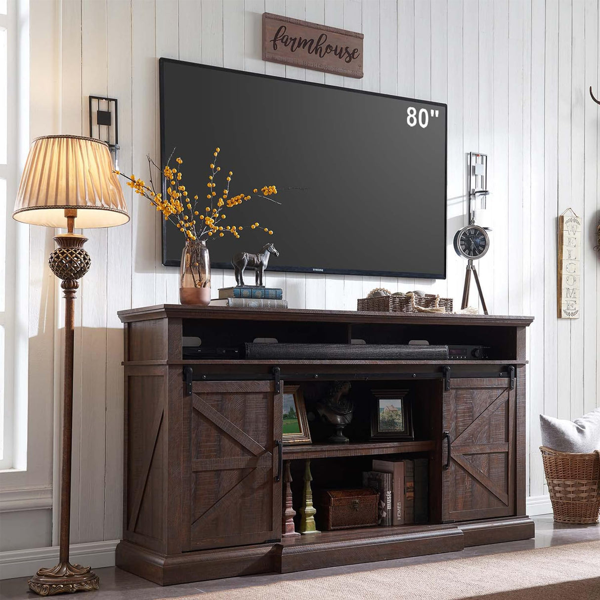 Farmhouse TV Stand for 80 Inch TVs, 39" Tall Entertainment Center w/Storage Cabinets and Sliding Barn Door, Media Console Cabinet w/Soundbar & Adjustable Shelves for Living Room, 70inch (Brown) IFGET