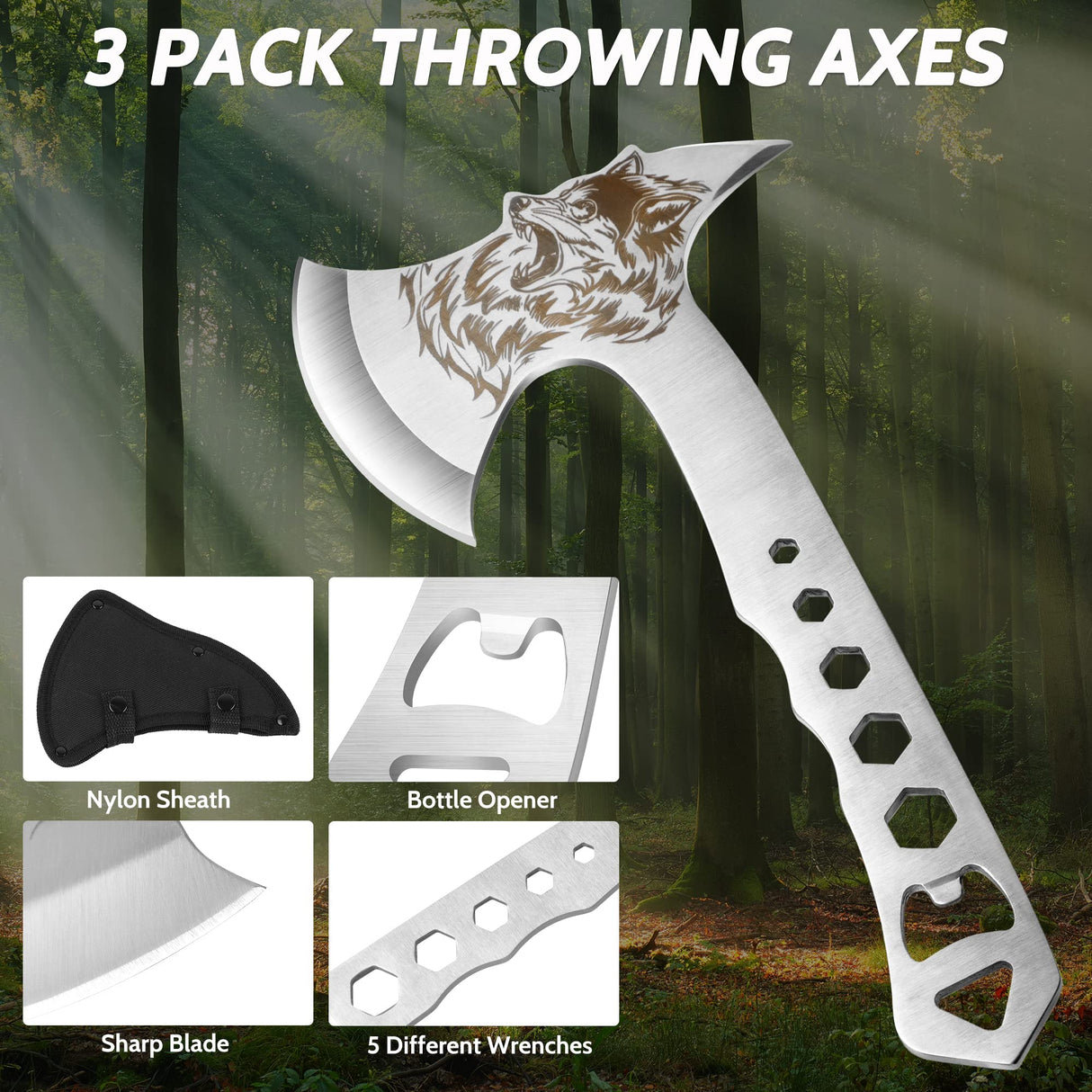 Throwing Stars Throwing Axes and Tomahawks Set with Bottle Opener and Nylon Sheath, 10in Throwing Hatchet Axe for Adults Competition and Recreation OYEAL