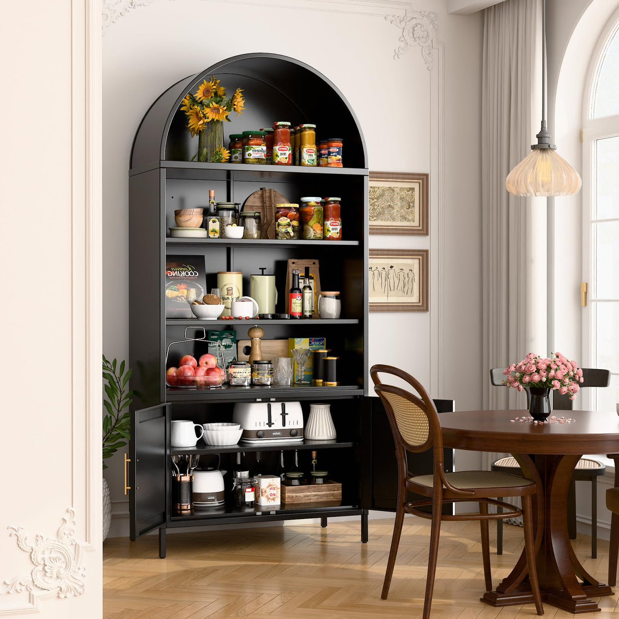 VEXPOR 79 in Tall Metal Arched Bookcase, 6-Tier Arched Bookcase with Doors, Modern Farmhouse Bookshelf with 3 Adjustable Shelves, Pantry Display Cabinet for Living Room, Black, Assembly Required VEXPOR