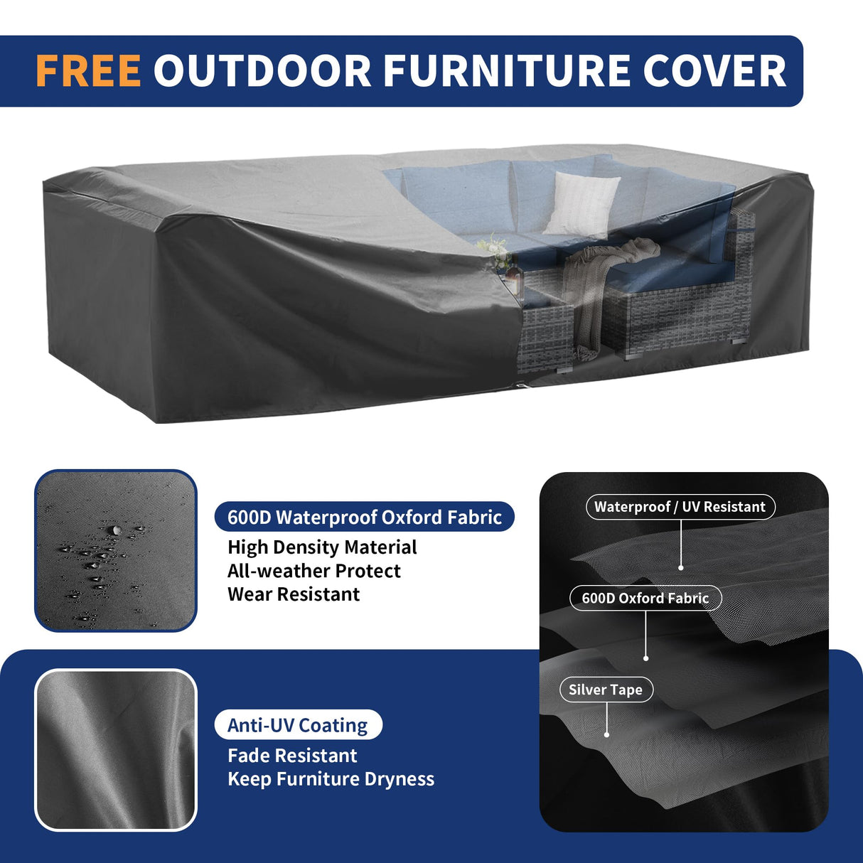 VONZOY Patio Furniture Set, 12-Piece Outdoor Sectional with Free Cover, All-Weather Wicker Patio Conversation Sets for Backyard (Grey with Navy Cushion) VONZOY