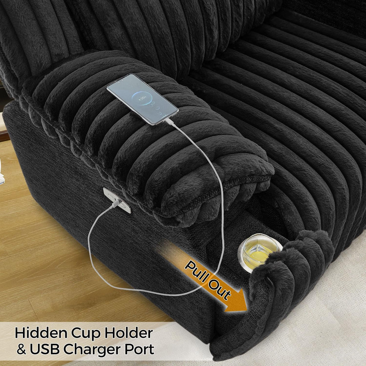 Power Electric Reclining Sectional Sofa with Wireless Charger for Living Room, Plush Faux Fur Sectional Couch with Recliner, 6 Seaters Comfy Recliner Corner Sectionals Sets with Cup Holders, Black Comfort Stretch