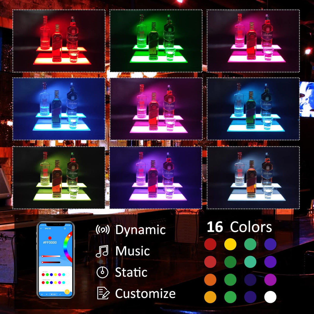 VONCI LED Lighted Liquor Bottle Display Shelf,16-Inch 2-Step Illuminated Bottle Display Shelf Bar Shelves for Liquor Bottles with Remote and App Control for Home Commercial Bar Party Accessories VONCI