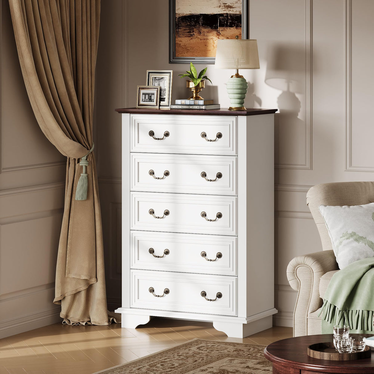 WLIVE Farmhouse Dresser for Bedroom, Wood Dresser with 5 Drawer, Chest of Drawers with Roman Metal Handle for Living Room, White WLIVE