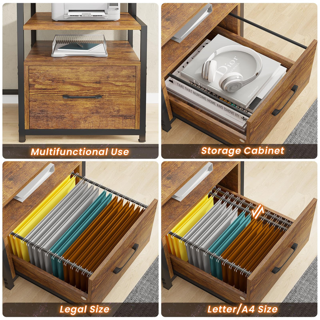 SEDETA Home Office Desk with File Drawer & Power Outlet, 66'' Computer Desk with 5 Drawer, Storage Shelves, Printer Cabinet and Monitor Shelf, Gaming Desk with Led Lights, Rustic Brown SEDETA