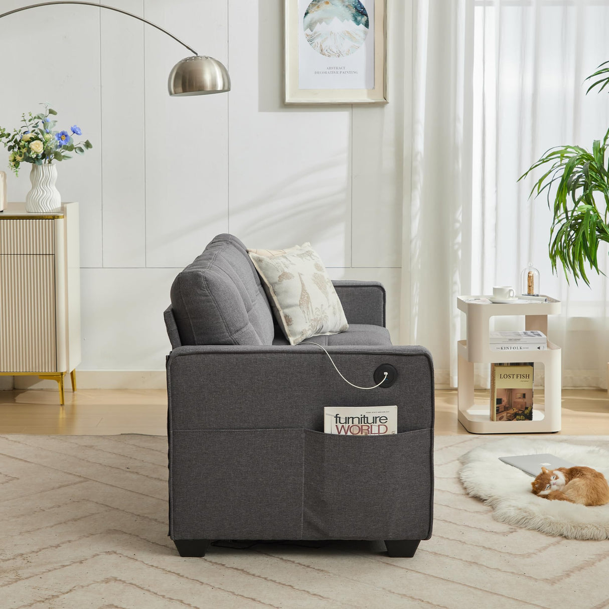 TYBOATLE 88" W Modern 3 Seater Sofa Couch, Fabric Linen Deep Seat Mid Century Couches w/ 2 USB Charging Ports and Upholstered Cushions, Comfy Sofas for Living Room, Bedroom, Apartment (Dark Gray) TYBOATLE