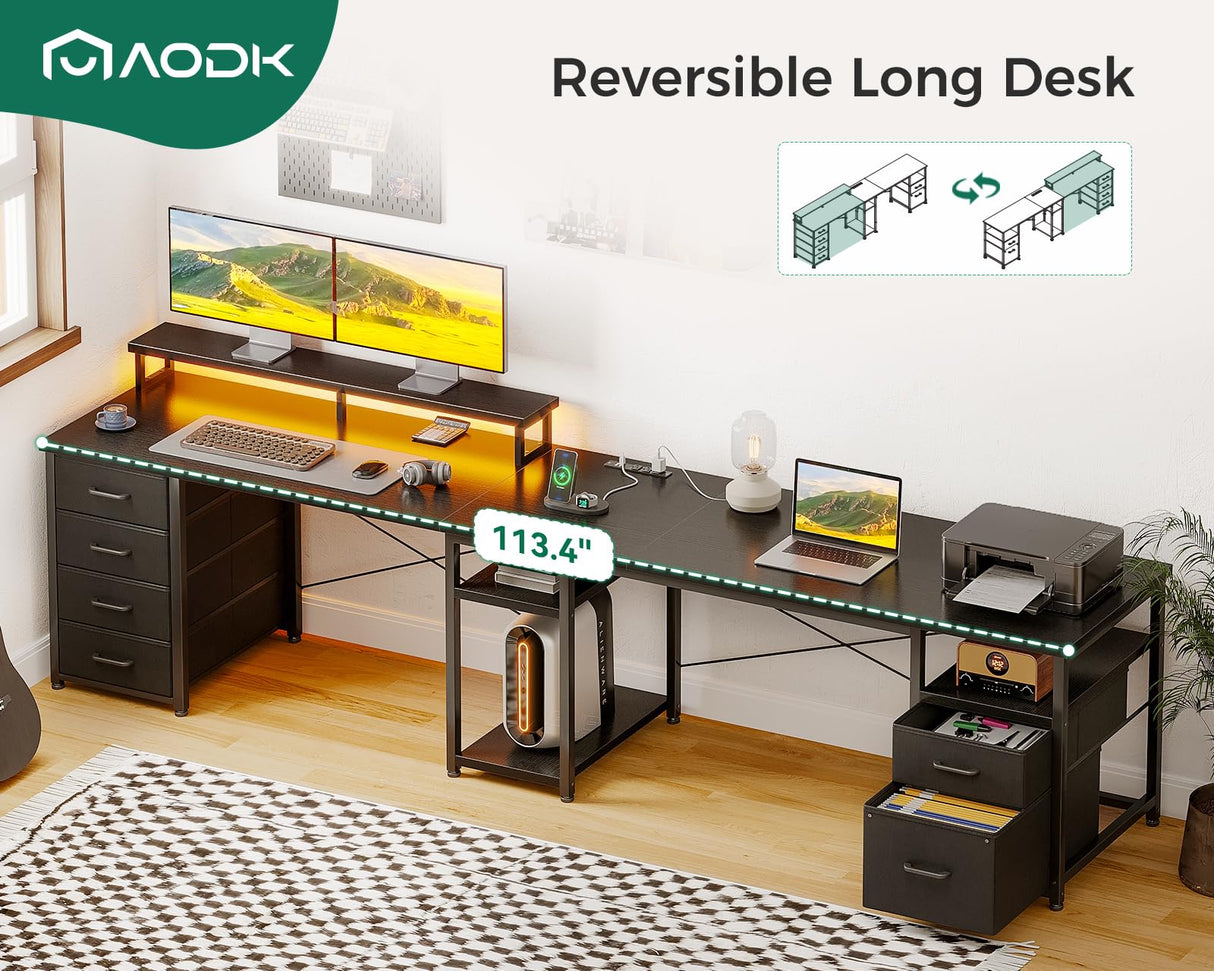 AODK 66" L Shaped Computer Desk, 113“ Reversible Home Office Desk with File Cabinet & 4 Fabric Drawers, Two Person Desk with LED Lights & Power Outlet, Corner Gaming Desk with Monitor Shelf, Black AODK