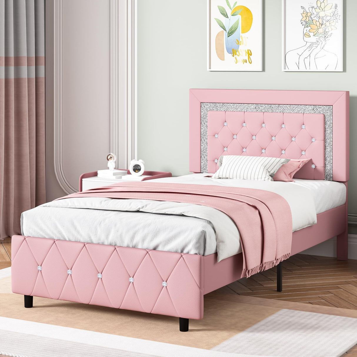 Twin Bed Frame with Headboard, Faux Leather Upholstered Bed with Diamond Tufted Design, Princess Twin Bed Frames for Kids, No Box Spring Required, Easy Assembly, Pink BarnFurin