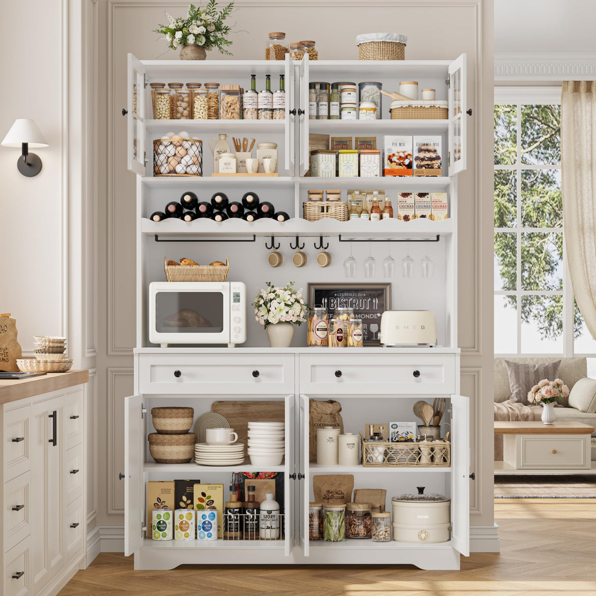 HOSTACK 75.4" Tall Kitchen Pantry Cabinet with Charging Station, Modern White Kitchen Hutch with Microwave Stand and Wine Racks, Large Food Pantry Storage Cabinet with Glass Doors and Drawers, White HOSTACK