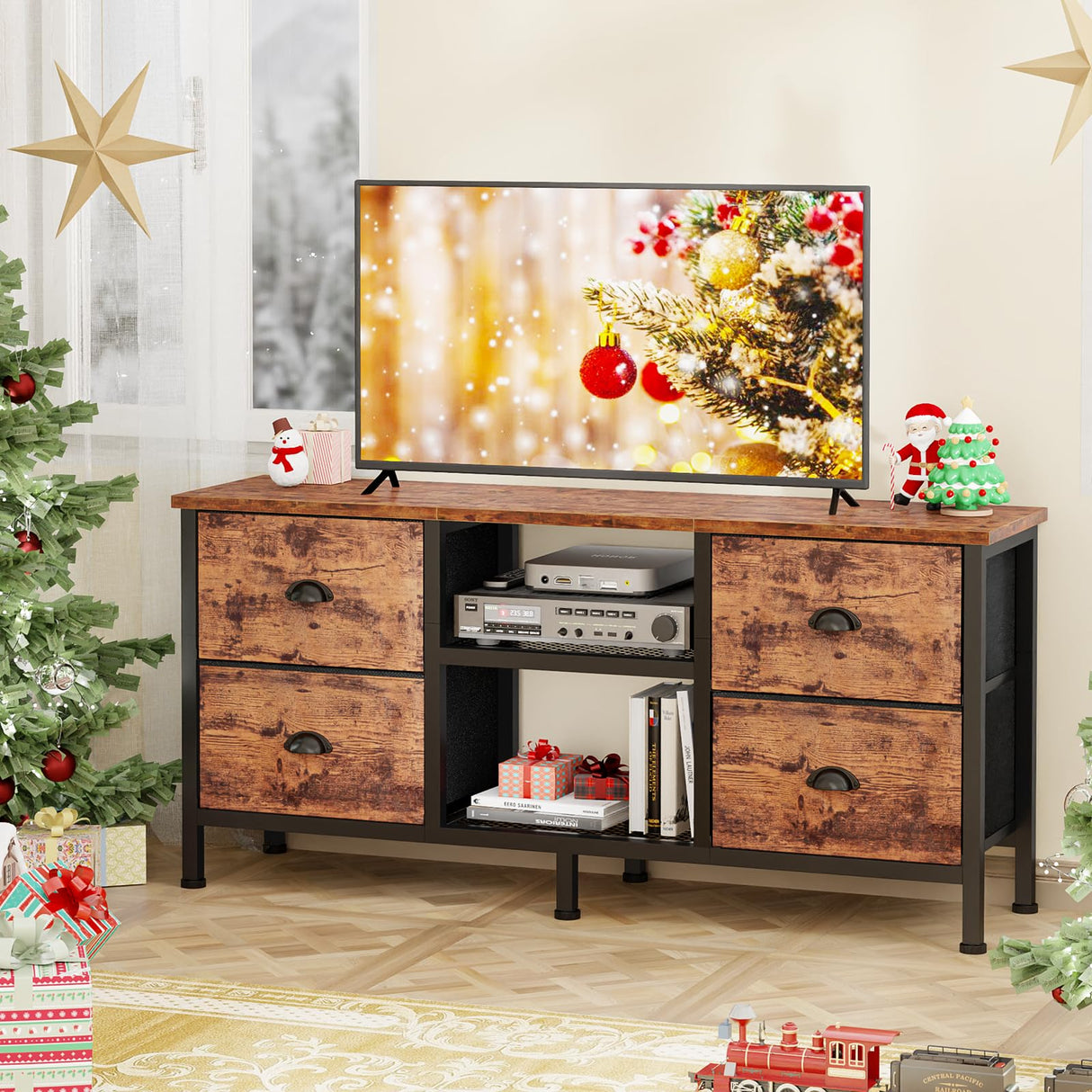 Furologee TV Stand Dresser with 4 Drawers, Small TV Console Table with Open Shelf, Entertainment Center for 50" TV, Industrial Media Center for Bedroom, Living Room, Rustic Brown Furologee