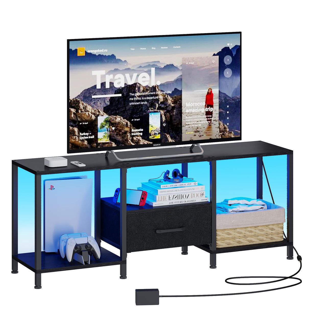 JARHETUN TV Stand with LED Lights, Entertainment Center with Open Shelves and Fabric Drawer, Media Console for 55 Inch TV, Television Stands for Living Room, Bedroom, Black JARHETUN