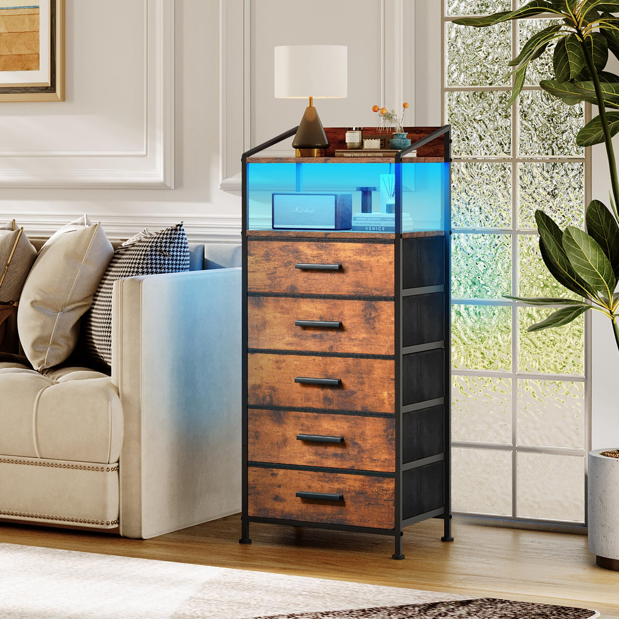 EKNKOZY Nightstand 5 Drawer Dresser with LED Lights and Charging Station, Vertical Side Table with Fabric Drawers, End Table with Open Shelf, Tall Dresser for Bedroom, Hallway, Entryway, Rustic Brown EKNKOZY