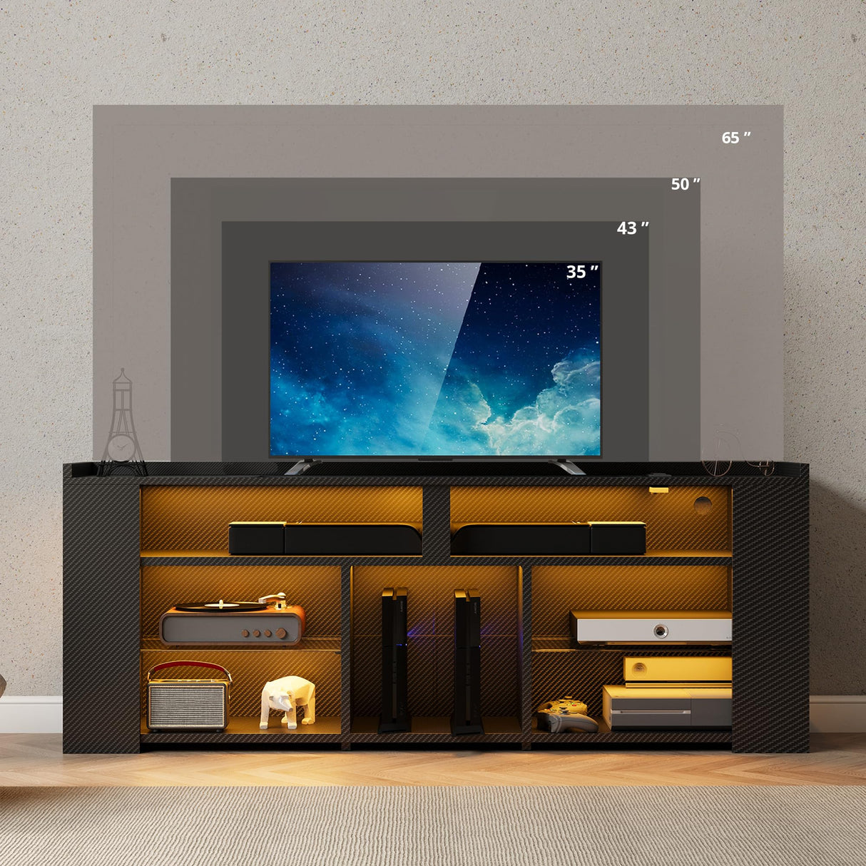 IRONCK Entertainment Center with Storage, 55 Inch Tall TV Stand with Power Outlet, LED Gaming TV Cabinet for PS4, Black TV Stand with Carbon Fiber IRONCK