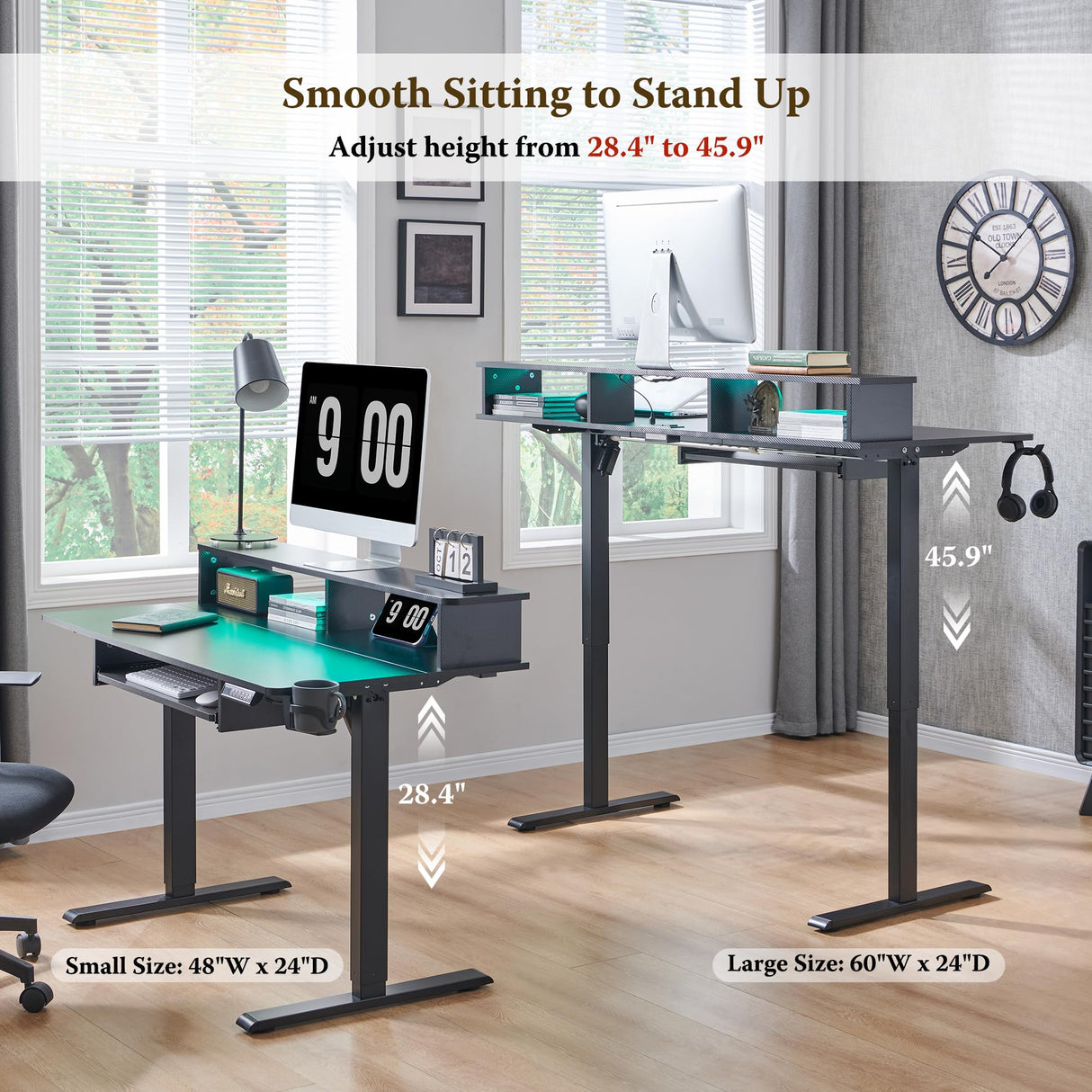 RedLemon 60Inch Gaming Desk, Electric Standing Desk with Height Adjustable, Power Outlets, LED Lights, Keyboard Tray, and Monitor Shelf, Stand Up Computer, Black RedLemon