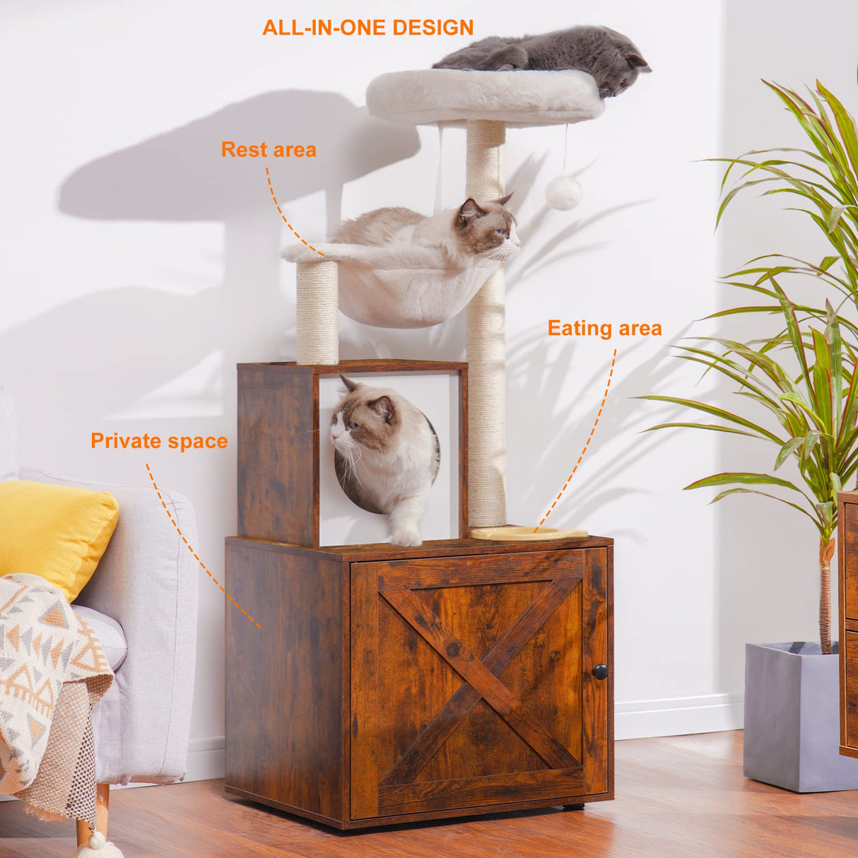 Heybly Cat Tree, Wood Litter Box Enclosure with Food Station, All-in-one Indoor Cat Furniture with Basket and Condo, Modern Style Cat Tower, Hammock, Rustic Brown HCT101SR Heybly