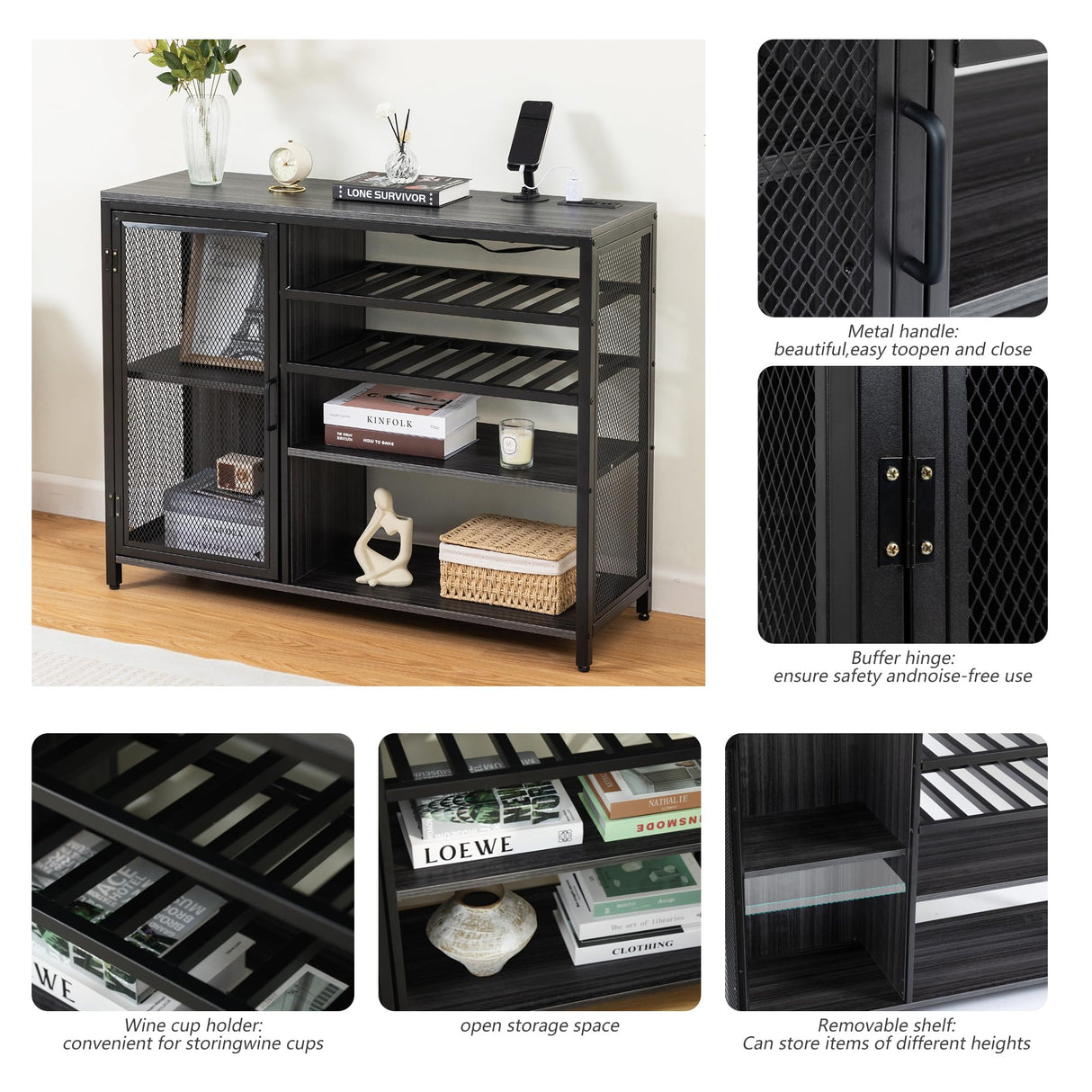 TopCity LED Industrial Wine Bar Cabinet Coffee Buffet Sideboard with Storage for Liquor and Glasses Wood Metal Sideboard with Wine Racks for Home Kitchen Dining (Gray, 43.31"*13.78"*32.87") TopCity