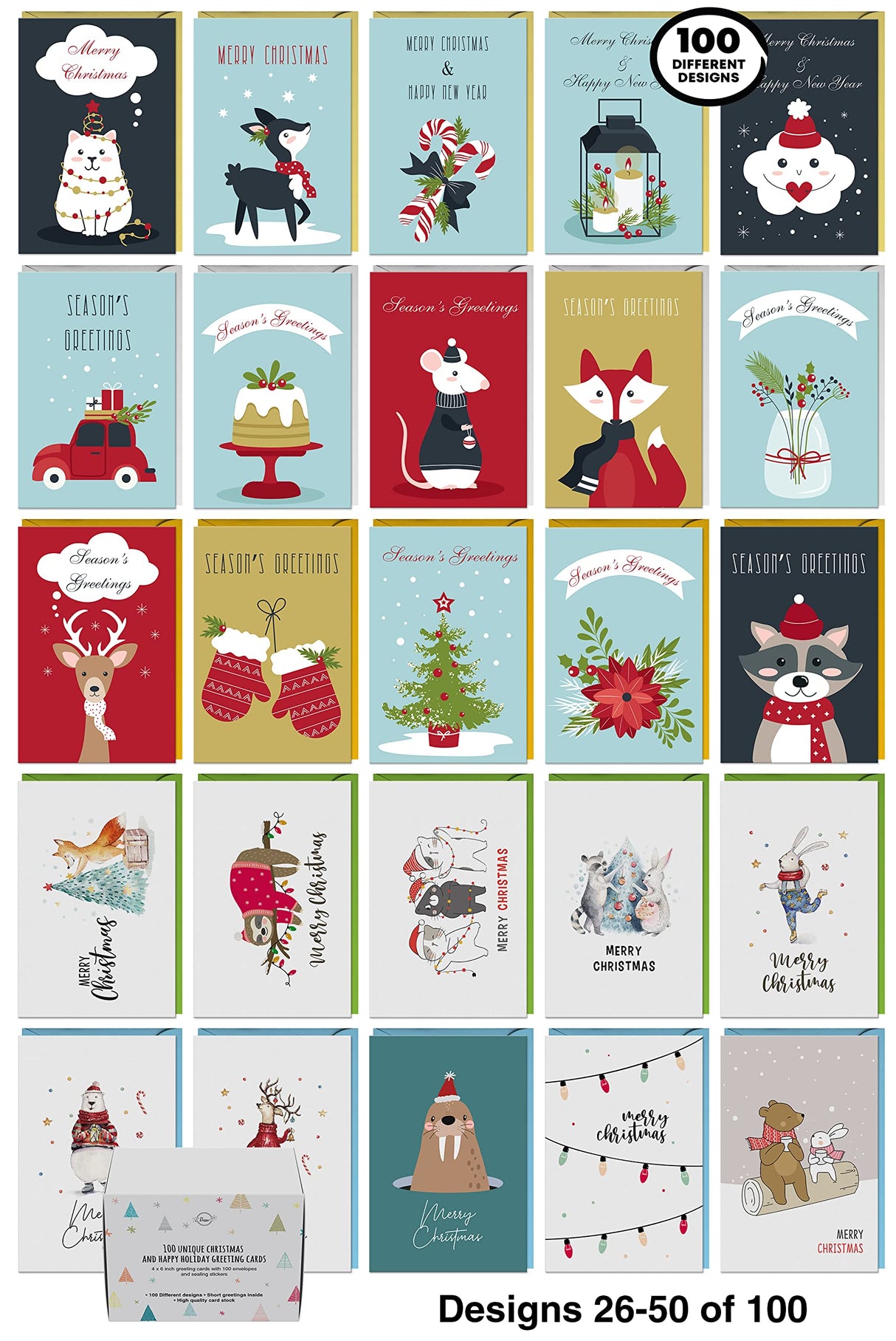 Dessie 100 Unique Modern Christmas Cards with Envelopes and Matching Sealing Stickers. Happy Holiday Cards with Short Greetings Inside. Bulk Christmas Cards Boxed with Envelopes Dessie
